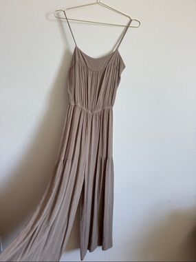 Sleeveless Flowy Spaghetti-Strap Jumpsuit in Taupe